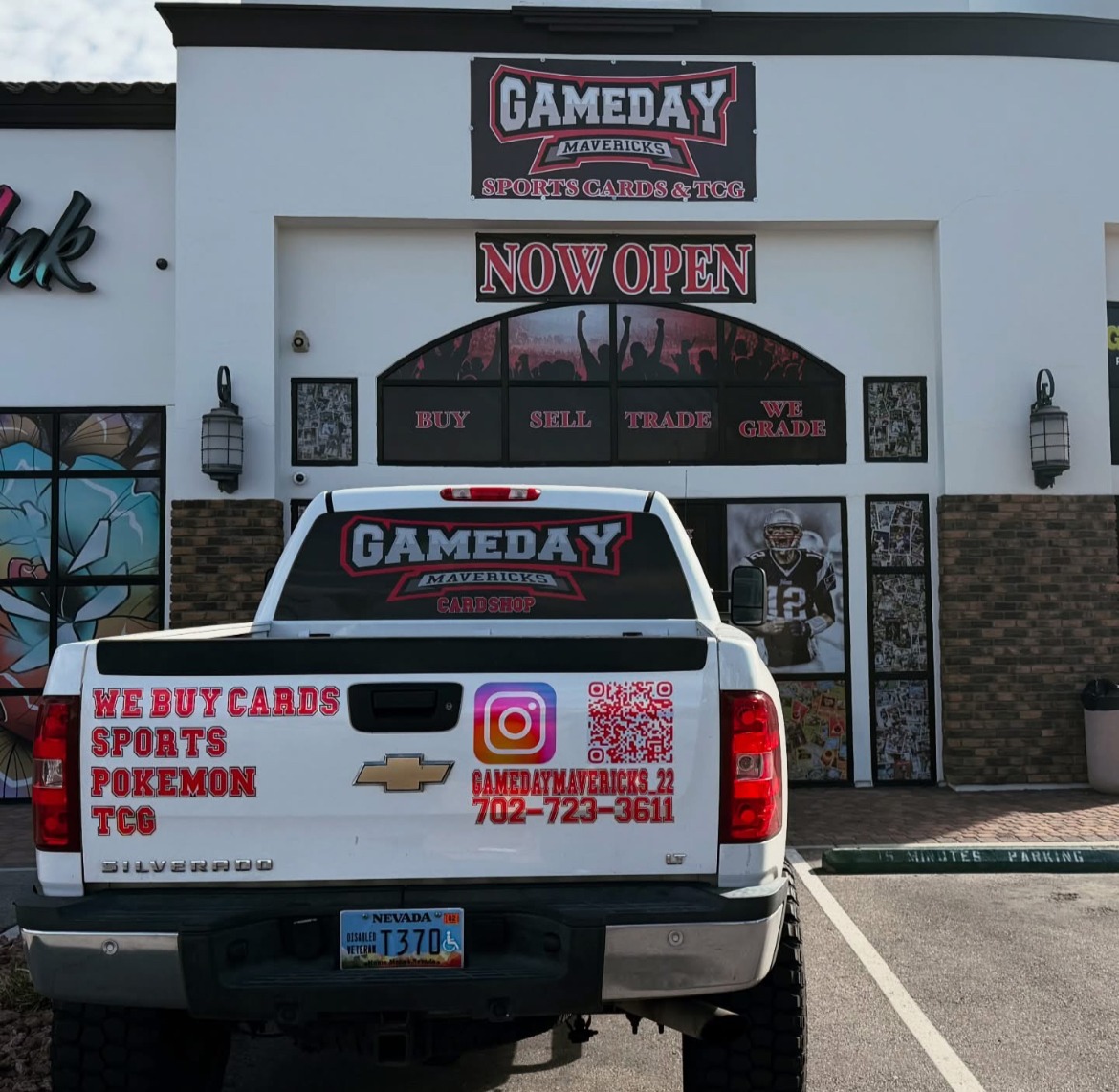 Gameday Mavericks card shop storefront in Las Vegas with truck featuring We Buy Cards signage